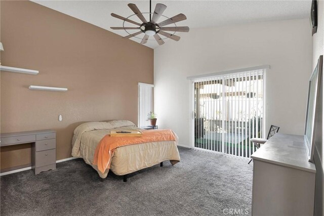 bedroom with ceiling fan, high vaulted ceiling, access to exterior, and dark carpet