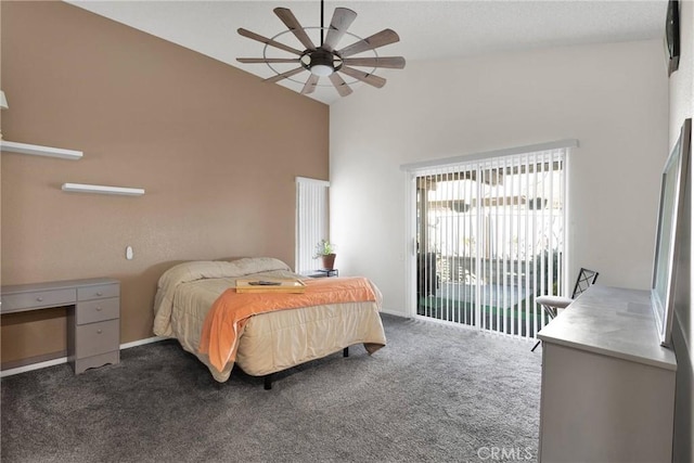 bedroom featuring ceiling fan, high vaulted ceiling, access to outside, and dark carpet