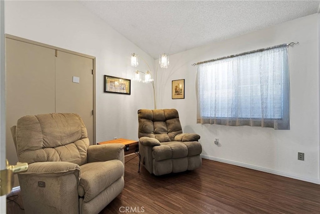 living area featuring lofted ceiling, dark hardwood / wood-style floors, and a textured ceiling