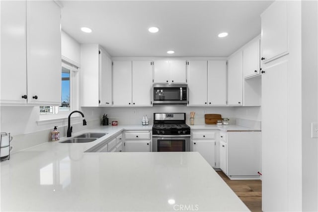 kitchen with white cabinetry, appliances with stainless steel finishes, sink, and hardwood / wood-style flooring