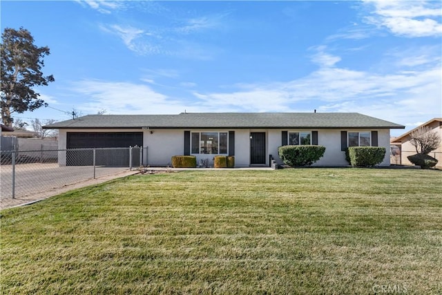 single story home with a garage and a front lawn