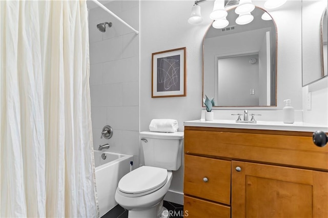 full bathroom featuring shower / bath combination with curtain, vanity, and toilet