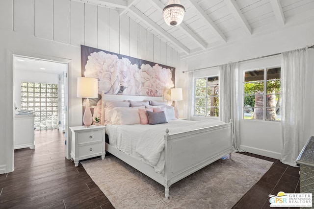 bedroom featuring wood ceiling, dark wood-type flooring, and lofted ceiling with beams