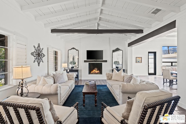 living room with wood ceiling and vaulted ceiling with beams