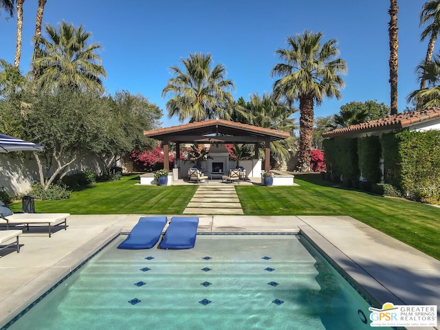 view of swimming pool featuring a gazebo, an outdoor living space, a patio, and a lawn