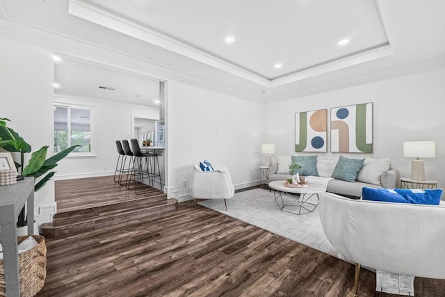 living room with a raised ceiling, ornamental molding, and hardwood / wood-style floors