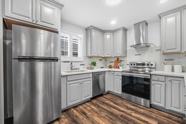 kitchen featuring gray cabinetry, sink, wall chimney exhaust hood, and appliances with stainless steel finishes