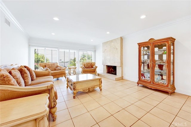 tiled living room with ornamental molding and a fireplace