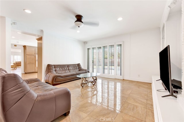 living room featuring ceiling fan