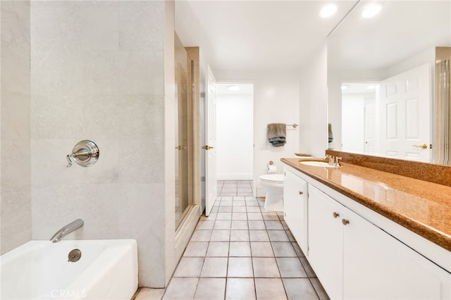 full bathroom featuring tile patterned floors, vanity, toilet, and shower with separate bathtub