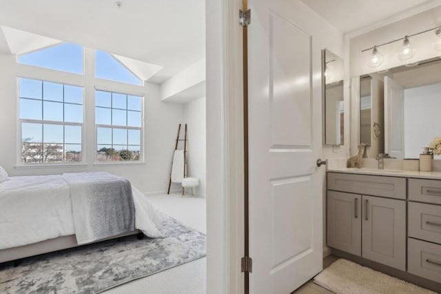 bedroom featuring vaulted ceiling, ensuite bath, and sink