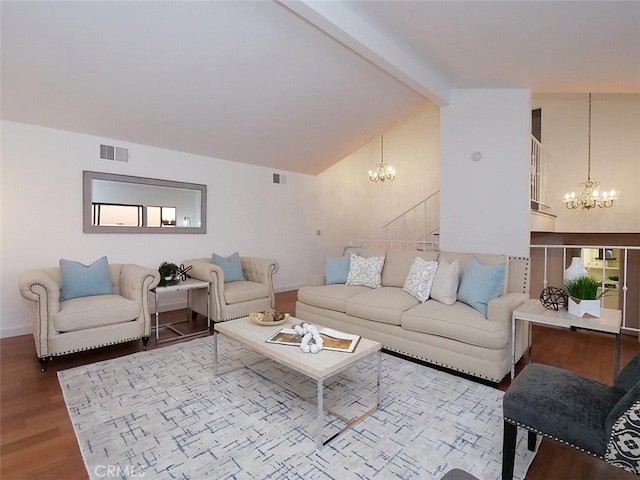 living room with beamed ceiling, high vaulted ceiling, hardwood / wood-style floors, and a notable chandelier