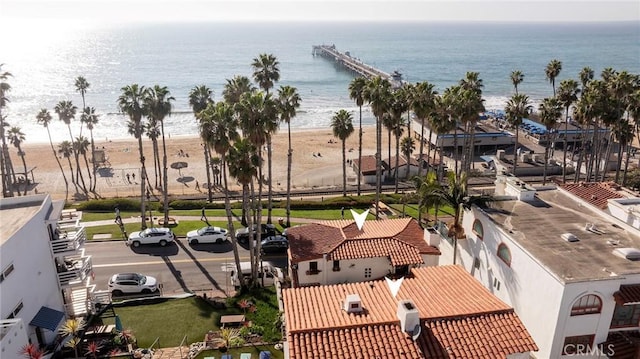 bird's eye view with a view of the beach and a water view