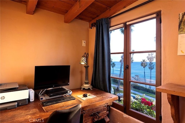 office with wooden ceiling and beam ceiling