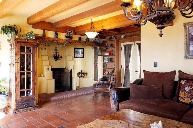 living room with beamed ceiling