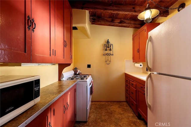 kitchen with white appliances, beam ceiling, and wood ceiling