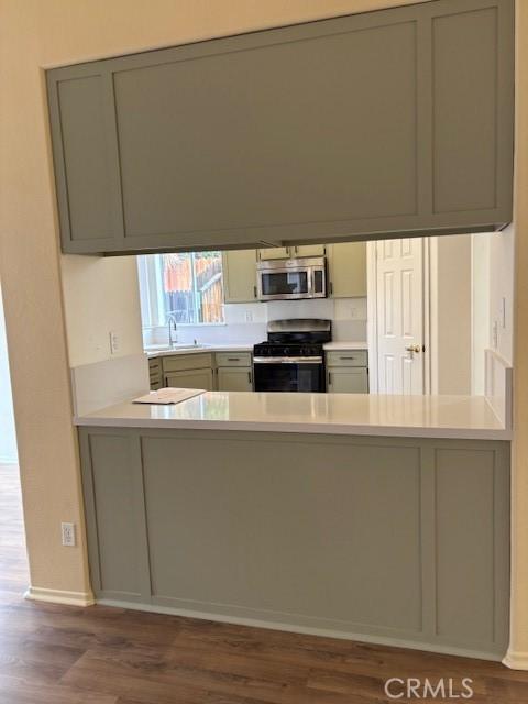 kitchen featuring gray cabinetry, sink, dark wood-type flooring, and stainless steel appliances