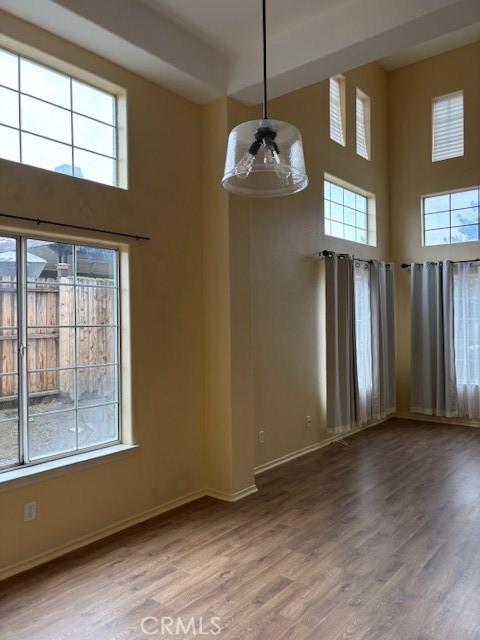 unfurnished dining area with hardwood / wood-style flooring and a towering ceiling