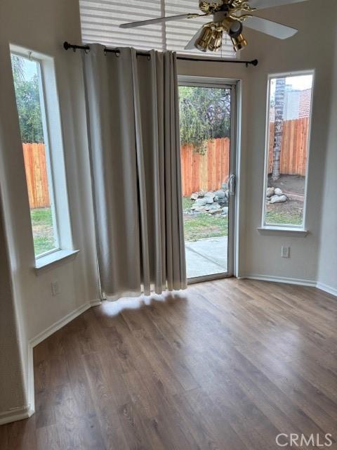 interior space featuring ceiling fan, wood-type flooring, and a healthy amount of sunlight