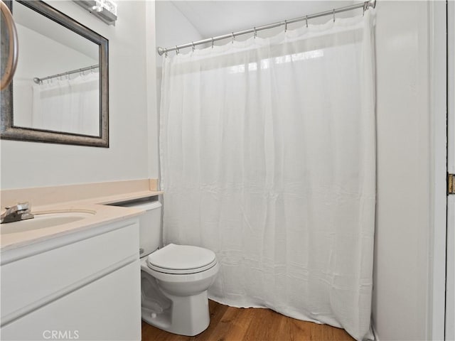 bathroom featuring vanity, wood-type flooring, and toilet