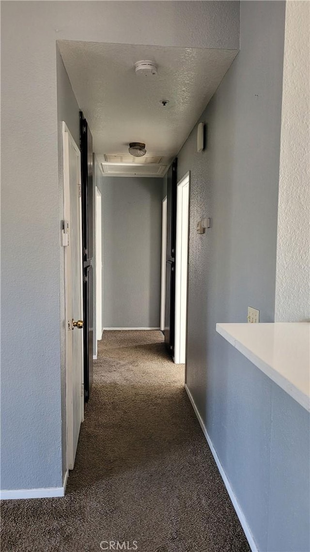 hall featuring carpet floors and a textured ceiling