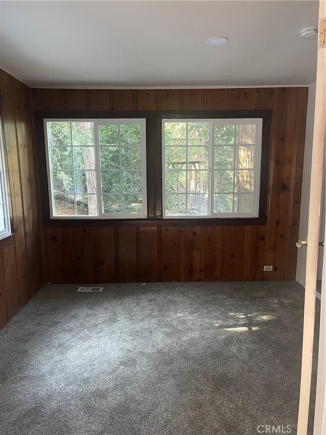 carpeted spare room with wooden walls