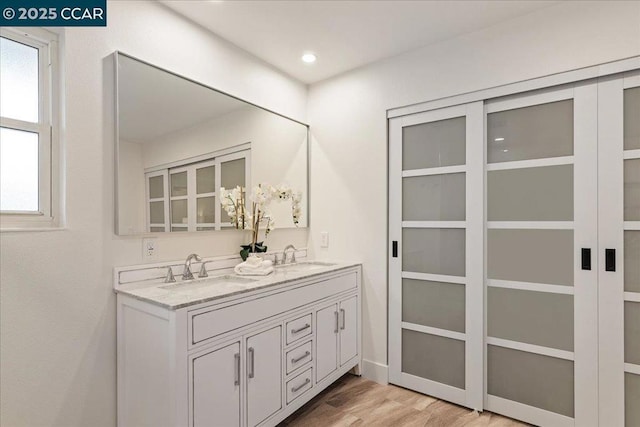 bathroom with hardwood / wood-style flooring and vanity