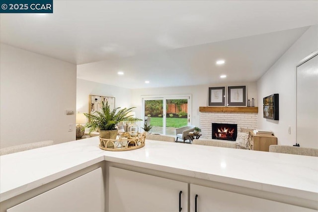 kitchen with a fireplace