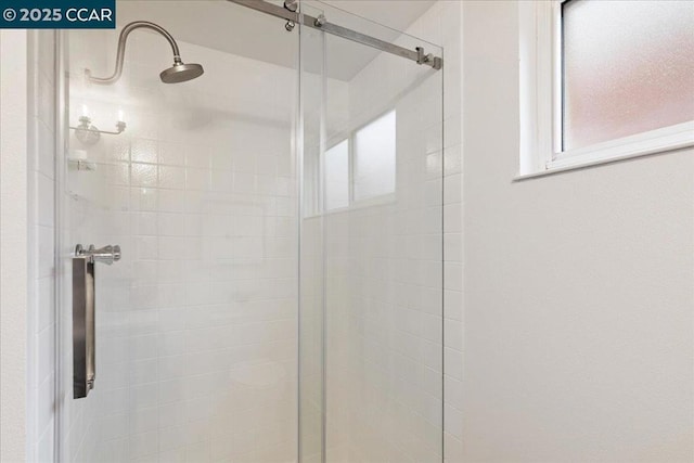 bathroom featuring a shower with shower door