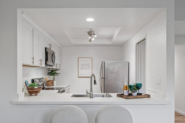 kitchen featuring sink, white cabinetry, appliances with stainless steel finishes, a raised ceiling, and kitchen peninsula