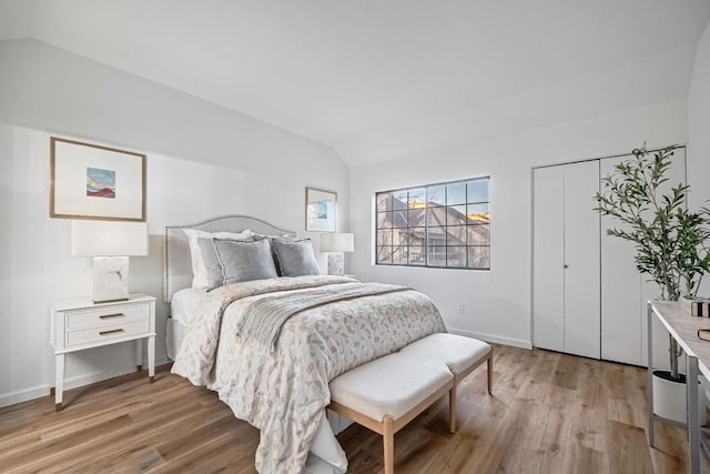 bedroom with lofted ceiling and light hardwood / wood-style floors