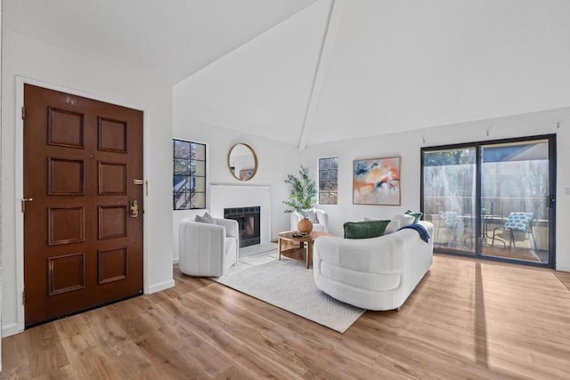 living room with high vaulted ceiling and light hardwood / wood-style flooring