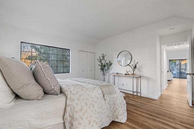 bedroom with lofted ceiling, hardwood / wood-style floors, and a closet