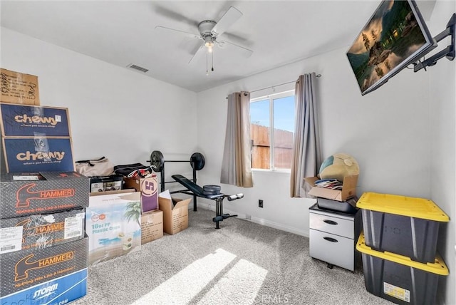 workout area with carpet and ceiling fan