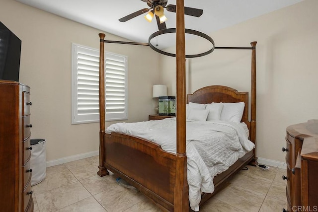 bedroom featuring ceiling fan and light tile patterned floors