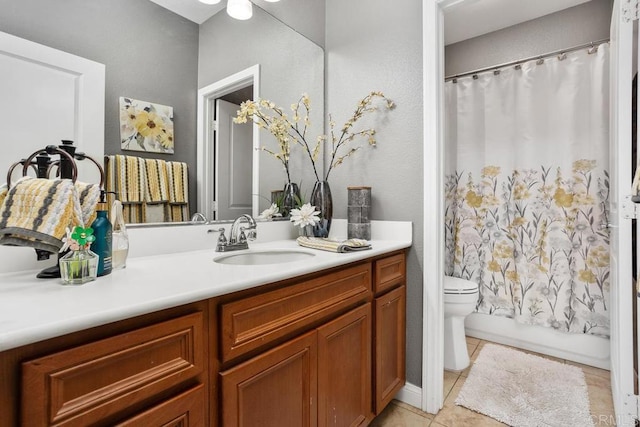 full bathroom with vanity, shower / bath combo, tile patterned floors, and toilet