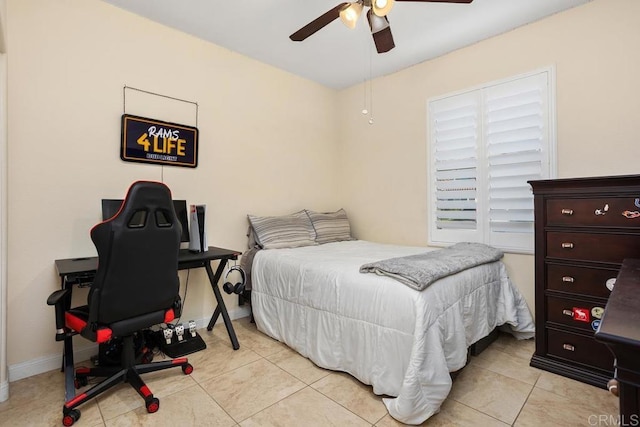 bedroom with light tile patterned floors and ceiling fan