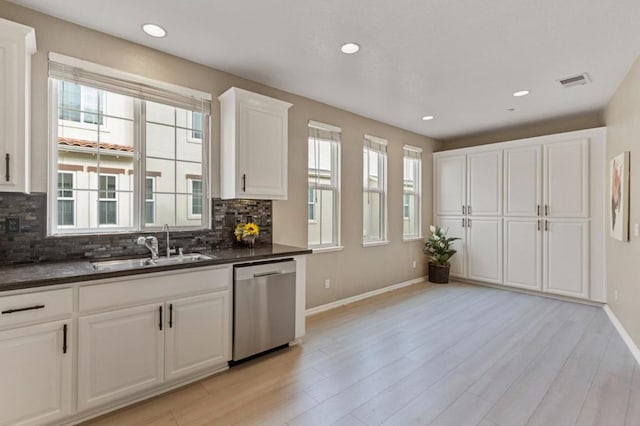 kitchen featuring white cabinets, decorative backsplash, sink, and dishwasher