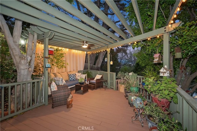 wooden terrace featuring an outdoor living space and a pergola