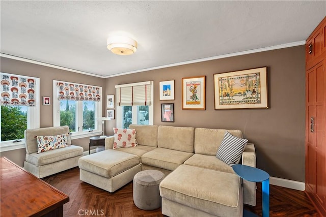 living room with baseboards and crown molding