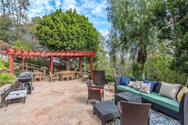 view of patio / terrace featuring outdoor dining space, grilling area, an outdoor living space, and a pergola