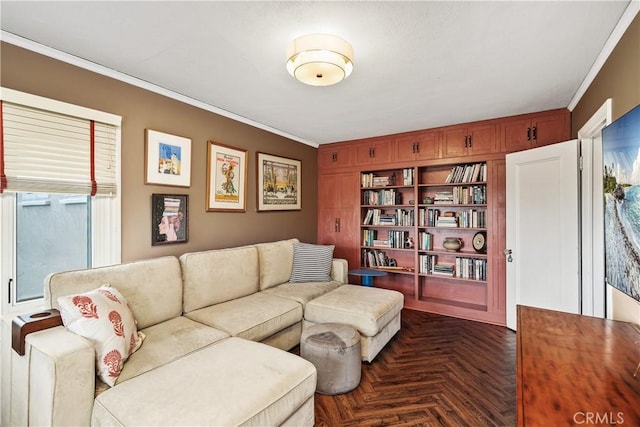 living area featuring ornamental molding