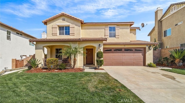 mediterranean / spanish-style home with a tiled roof, covered porch, stucco siding, an attached garage, and driveway