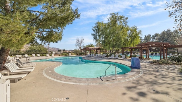 view of swimming pool featuring a pergola and a patio