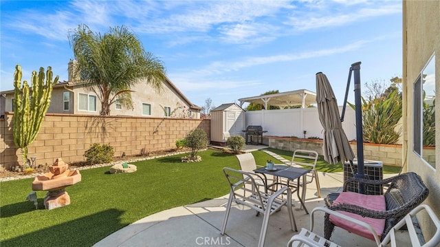 view of yard featuring central AC, a patio area, and a storage unit