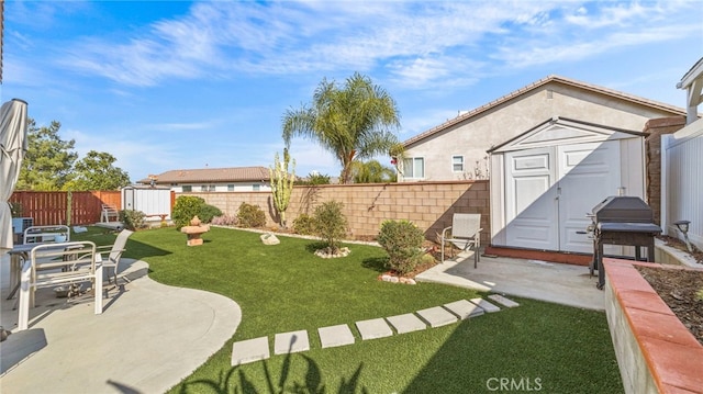 view of yard with a patio and a storage unit