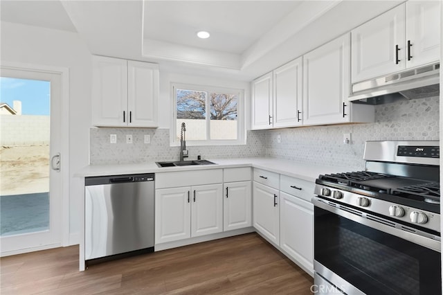 kitchen featuring appliances with stainless steel finishes, sink, white cabinets, dark hardwood / wood-style flooring, and a tray ceiling