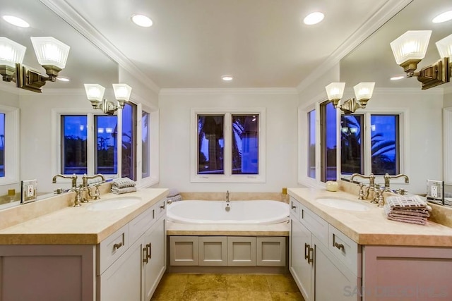 bathroom featuring crown molding, vanity, and a chandelier