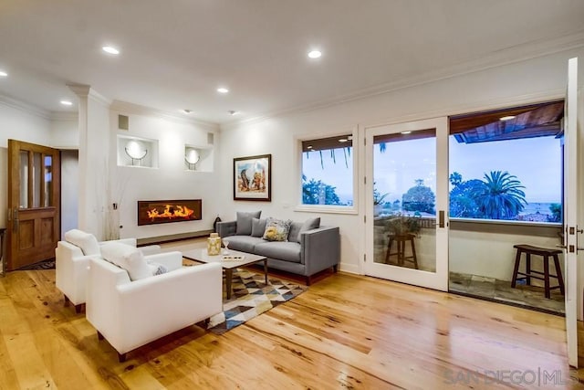 living room featuring crown molding and light hardwood / wood-style flooring