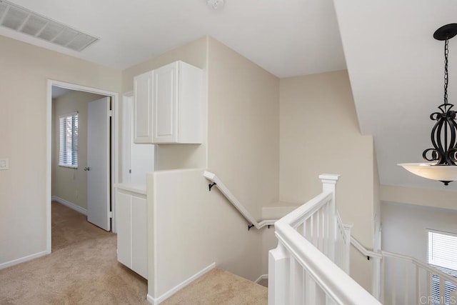 stairs with plenty of natural light and carpet flooring